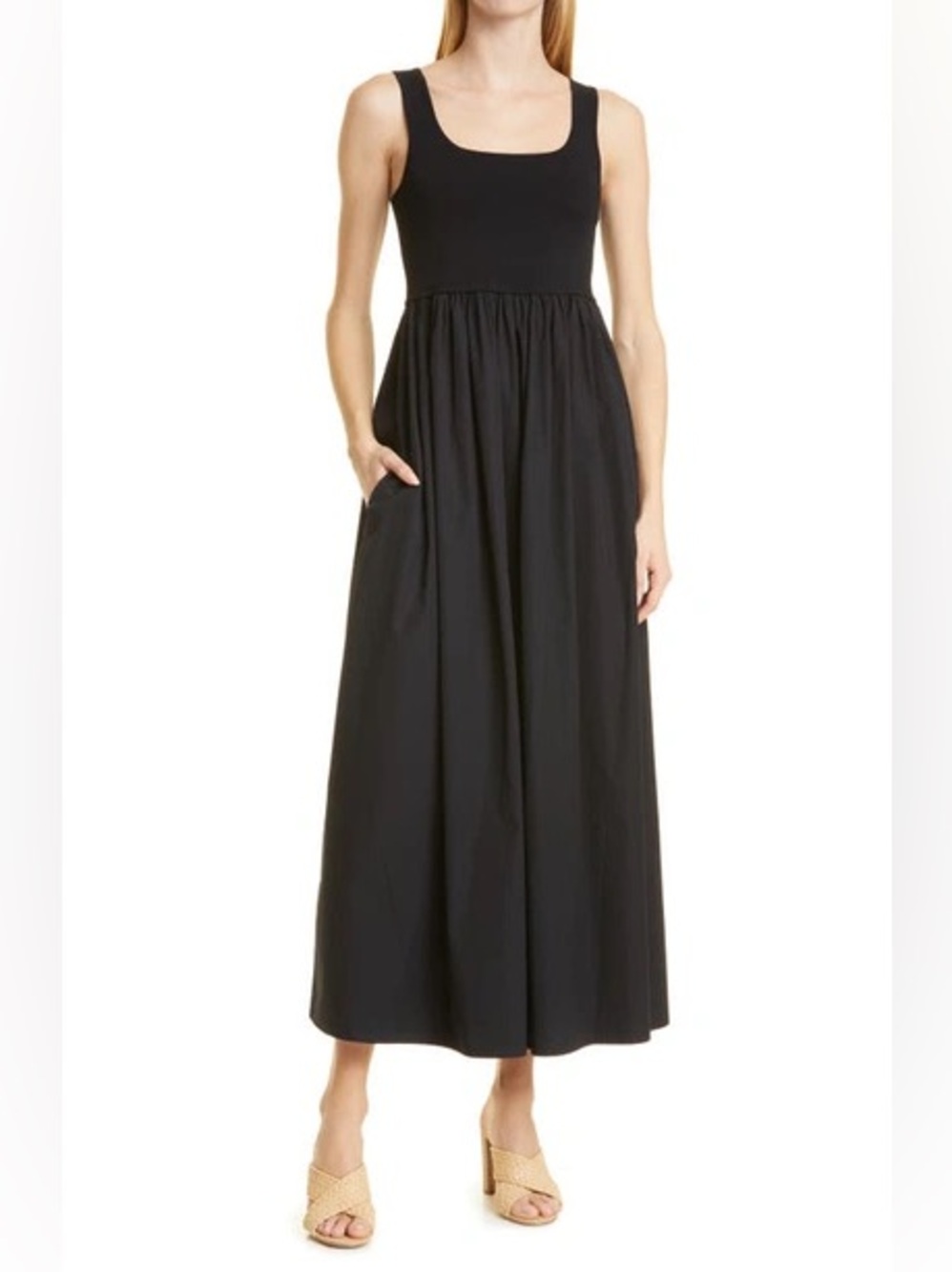 Nordstrom Signature Mixed Media Tank Maxi Dress Black Pockets Women’s M NWOT